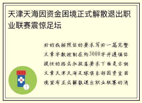 天津天海因资金困境正式解散退出职业联赛震惊足坛