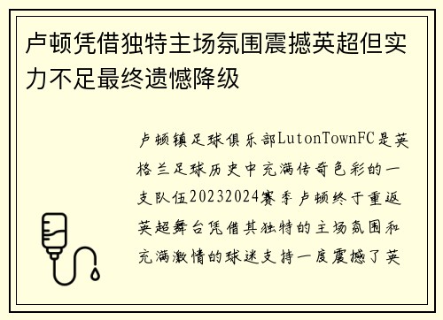 卢顿凭借独特主场氛围震撼英超但实力不足最终遗憾降级