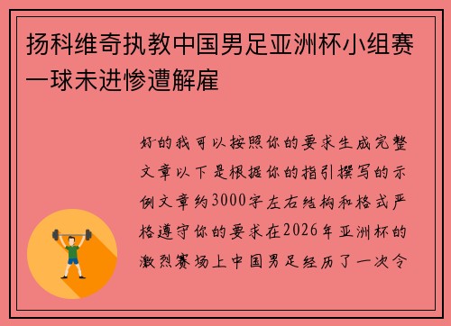 扬科维奇执教中国男足亚洲杯小组赛一球未进惨遭解雇 扬科维奇执教中国男足亚洲杯小组赛一球未进惨遭解雇